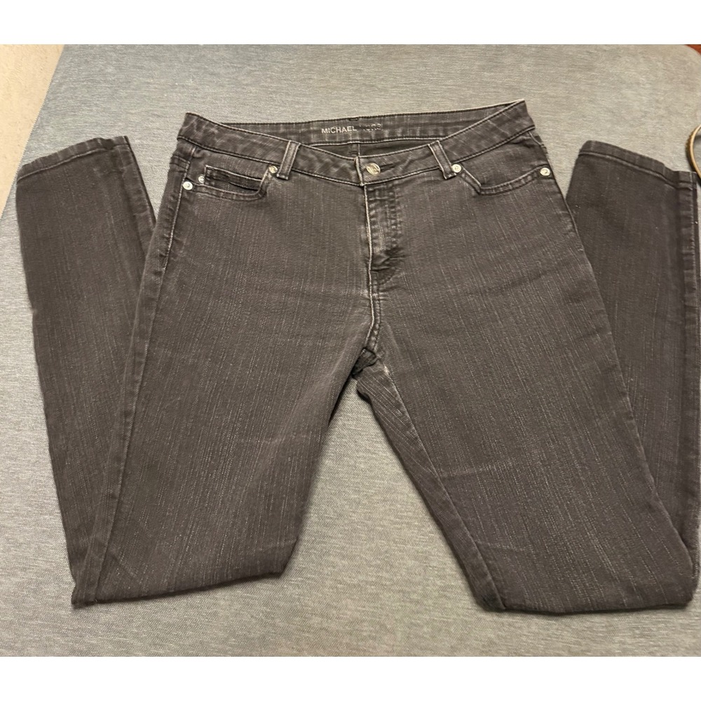 Michael Kors Womens Skinny Jeans Faded Black Slub Denim Size 8 MK Logo Pocket‎